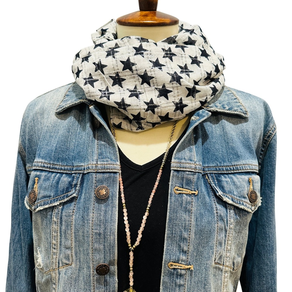 Chaudry KC Boho Scarf White & Black Star Print Lightweight Scarf Wrap - New